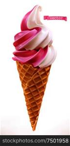Soft serve ice cream in wafer style cone. 3d realistic vector icon