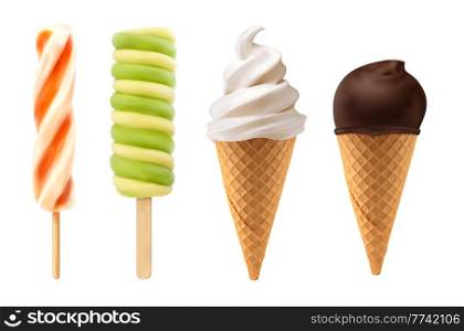 Soft serve realistic ice cream, caramel waffle cone, frozen fruit ice, vector sweet food. Chocolate ice cream scoop in wafer or sundae sorbet, icecream for cafe and gelateria fast food frozen desserts. Soft serve realistic ice cream caramel waffle cone