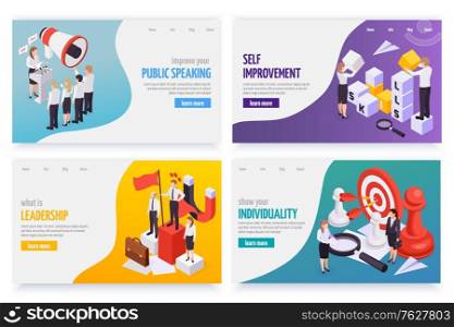 Soft skills concept 4 isometric web banners set with public speaking leadership individuality self improvement vector illustration
