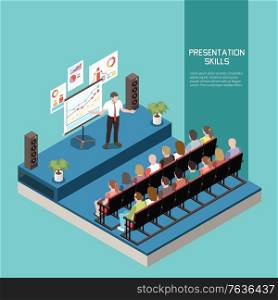 Soft skills isometric colored concept with presentation skills description and office meeting vector illustration
