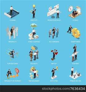 Soft skills isometric concept icon set with planning creativity presentation skills patience personality stress tolerance and other descriptions vector illustration