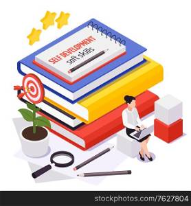 Soft skills isometric symbolic composition with woman employee improving personal development to achieve business goals vector illustration