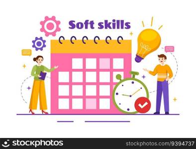 Soft Skills Vector Illustration of Office Workers Empathy, Communication, Idea Development, Skill and Education at Work in Flat Background Template