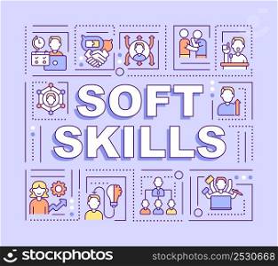Soft skills word concepts purple banner. Negotiation and empathy abilities. Infographics with icons on color background. Isolated typography. Vector illustration with text. Arial-Black font used. Soft skills word concepts purple banner