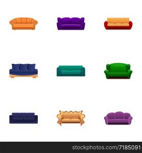 Soft sofa icon set. Cartoon set of 9 soft sofa vector icons for web design isolated on white background. Soft sofa icon set, cartoon style