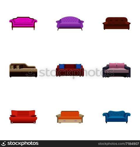 Soft sofa icon set. Flat set of 9 soft sofa vector icons for web design isolated on white background. Soft sofa icon set, flat style
