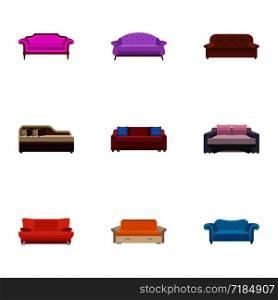 Soft sofa icon set. Flat set of 9 soft sofa vector icons for web design isolated on white background. Soft sofa icon set, flat style
