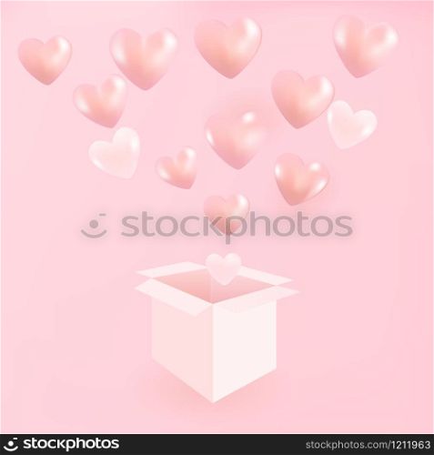 Soft sweet hearts in a pink box. Love, tenderness symbol. Greeting card template for Valentine's Day, Mother's Day.