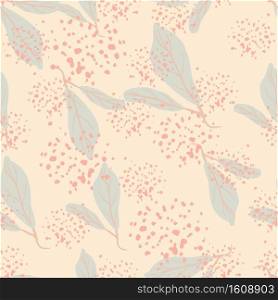 Soft tender seamless patten with leaf pale silhouettes. Light pink background and blue botanic ornament with splashes. Perfect for wallpaper, textile, wrapping paper, fabric print. Vector illustration. Soft tender seamless patten with leaf pale silhouettes. Light pink background and blue botanic ornament with splashes.