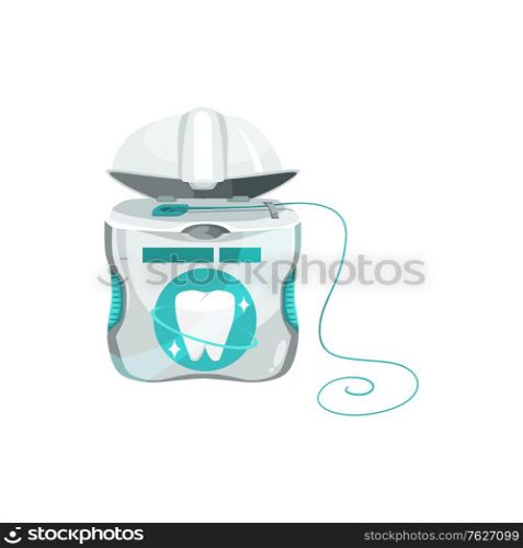 Soft thread of floss silk used to clean between teeth isolated package mockup. Vector dental floss, open plastic case with healthy tooth and thread. Dental hygiene and care product, realistic design. Dental floss in box or case isolated silk thread