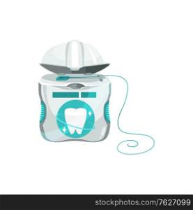 Soft thread of floss silk used to clean between teeth isolated package mockup. Vector dental floss, open plastic case with healthy tooth and thread. Dental hygiene and care product, realistic design. Dental floss in box or case isolated silk thread