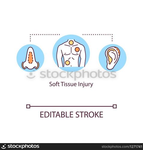 Soft tissue injury, muscle trauma concept icon. Tendon traumatism, damage types, strain, bruising and tendinitis idea thin line illustration. Vector isolated outline RGB color drawing. Editable stroke