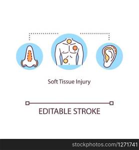 Soft tissue injury, muscle trauma concept icon. Tendon traumatism, damage types, strain, bruising and tendinitis idea thin line illustration. Vector isolated outline RGB color drawing. Editable stroke