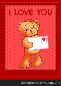 Soft toy bear holds envelope with heart festive postcard with I love you sign cartoon flat vector illustration on background with dots in red frame.. Bear Holds Envelove with Heart Festive Postcard