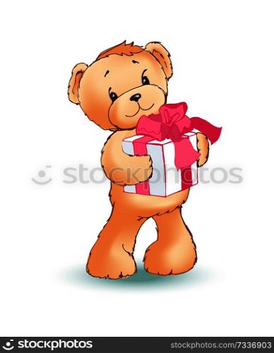 Soft toy bear holds gift box with big pink bow on it isolated cartoon flat vector illustration on white background. Friendly animal with present.. Soft Toy Bear Holds Gift Box with Pink Bow on It