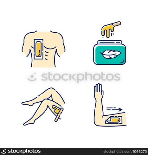 Soft waxing beige color icons set. Chest, leg, arm hair removal with strips. Cold wax in jar. Female, male body depilation. Professional beauty treatment cosmetics. Isolated vector illustrations