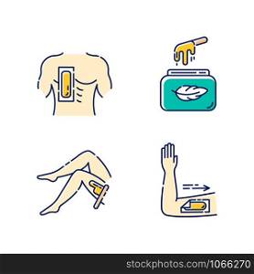 Soft waxing beige color icons set. Chest, leg, arm hair removal with strips. Cold wax in jar. Female, male body depilation. Professional beauty treatment cosmetics. Isolated vector illustrations