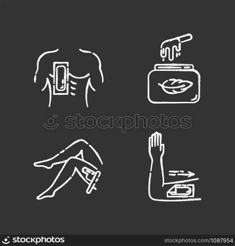 Soft waxing chalk icons set. Chest, leg, arm hair removal with strips. Cold wax in jar. Female, male body depilation. Professional beauty treatment cosmetics. Isolated vector chalkboard illustrations