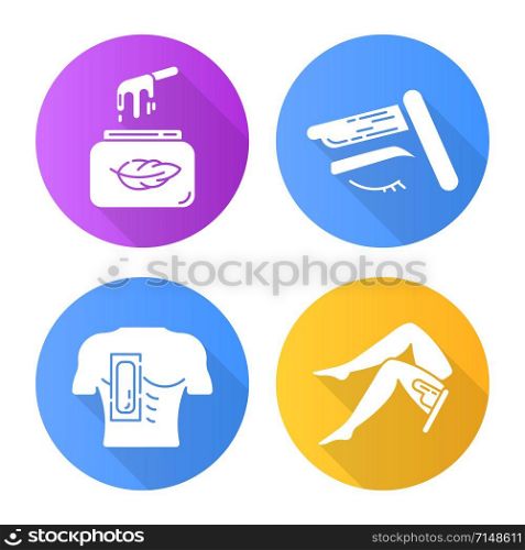 Soft waxing flat design long shadow glyph icons set. Chest, leg, brow hair removal with strips. Cold wax in jar. Body depilation. Professional treatment cosmetics. Vector silhouette illustration