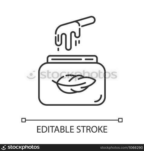 Soft waxing linear icon. Natural cold wax in jar with spatula. Body hair removal, depilation equipment. Thin line illustration. Contour symbol. Vector isolated outline drawing. Editable stroke