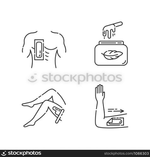 Soft waxing linear icons set. Chest, leg, arm hair removal with strips. Cold wax in jar. Female, male body depilation. Thin line contour symbols. Isolated vector outline illustrations. Editable stroke