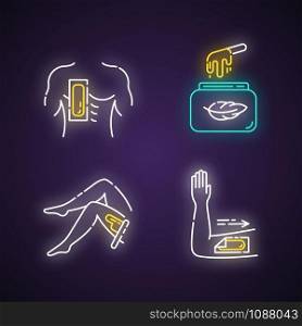Soft waxing neon light icons set. Chest, leg, arm hair removal with strips. Cold wax in jar. Female, male body depilation. Professional cosmetics. Glowing signs. Vector isolated illustrations