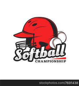 Softball championship icon with red player helmet and balls. Vector emblem for baseball tournament. Sport equipment for playing game safety cap with balls, design element isolated on white background. Softball championship icon with red player helmet
