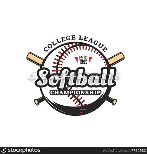Softball sport icon of vector ball and crossed bats. Softball game team or championship league isolated symbol with pitcher, batter or hitter player sport equipment, bat and ball game sign. Softball sport icon, vector ball and crossed bats