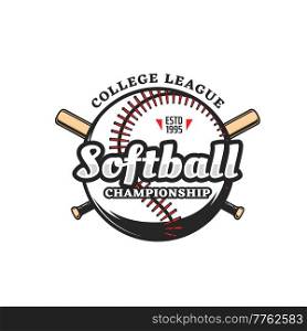 Softball sport icon of vector ball and crossed bats. Softball game team or championship league isolated symbol with pitcher, batter or hitter player sport equipment, bat and ball game sign. Softball sport icon, vector ball and crossed bats