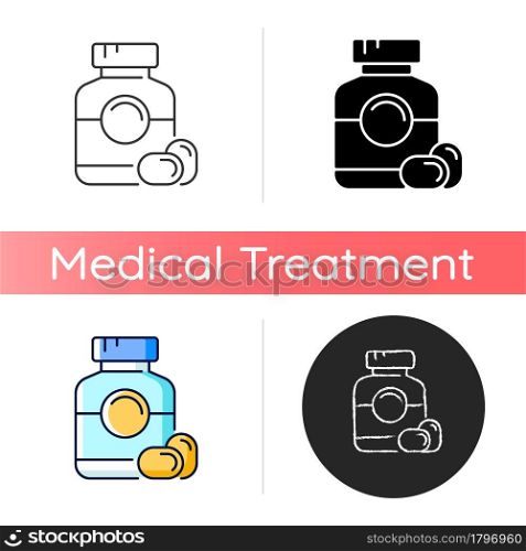 Softgel icon. Oral dosage medicine. Soft gelatin capsules. Fish oil supplements. Multivitamin product. Improve health quality. Linear black and RGB color styles. Isolated vector illustrations. Softgel icon