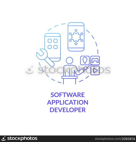 Software application developer blue gradient concept icon. Mobile app developer. Coding abstract idea thin line illustration. Isolated outline drawing. Roboto-Medium, Myriad Pro-Bold fonts used. Software application developer blue gradient concept icon