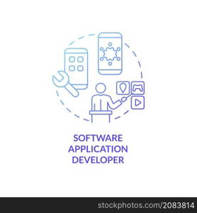 Software application developer blue gradient concept icon. Mobile app developer. Coding abstract idea thin line illustration. Isolated outline drawing. Roboto-Medium, Myriad Pro-Bold fonts used. Software application developer blue gradient concept icon