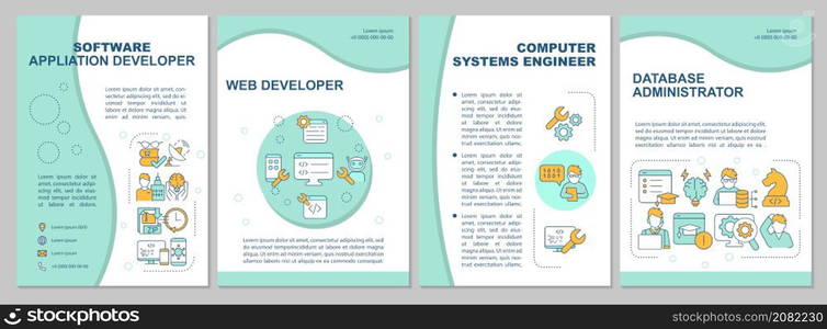 Software application developer brochure template. Coder. Booklet print design with linear icons. Vector layouts for presentation, annual reports, ads. Arial, Myriad Pro-Regular fonts used. Software application developer brochure template