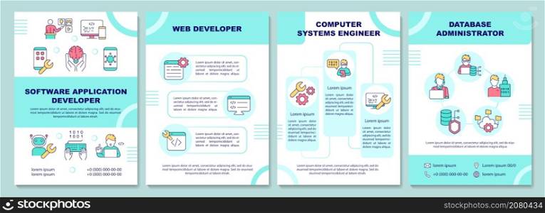 Software application developer brochure template. Developer. Booklet print design with linear icons. Vector layouts for presentation, annual reports, ads. Arial-Black, Myriad Pro-Regular fonts used. Software application developer brochure template