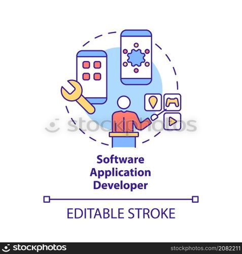 Software application developer concept icon. Mobile app programmer. Coding abstract idea thin line illustration. Isolated outline drawing. Editable stroke. Roboto-Medium, Myriad Pro-Bold fonts used. Software application developer concept icon