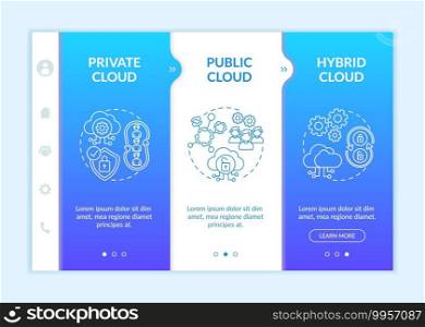 Software as service deployment models onboarding vector template. Private, public, hybrid clouds. Responsive mobile website with icons. Webpage walkthrough step screens. RGB color concept. Software as service deployment models onboarding vector template