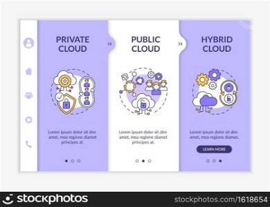 Software as service deployment types onboarding vector template. Private, community, hybrid clouds. Responsive mobile website with icons. Webpage walkthrough step screens. RGB color concept. Software as service deployment types onboarding vector template