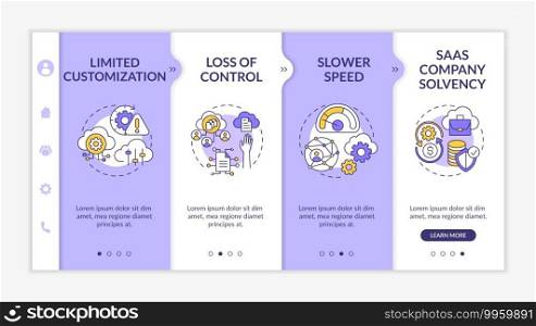 Software as service obstacles onboarding vector template. Control loss. SaaS company solvency. Responsive mobile website with icons. Webpage walkthrough step screens. RGB color concept. Software as service obstacles onboarding vector template