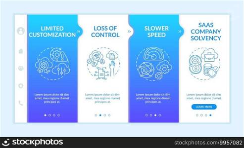 Software as service problems onboarding vector template. Limited customization. Slower speed. Responsive mobile website with icons. Webpage walkthrough step screens. RGB color concept. Software as service problems onboarding vector template