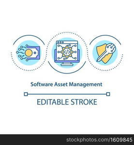 Software asset management concept icon. Maintenance of application for organization. Business service idea thin line illustration. Vector isolated outline RGB color drawing. Editable stroke. Software asset management concept icon