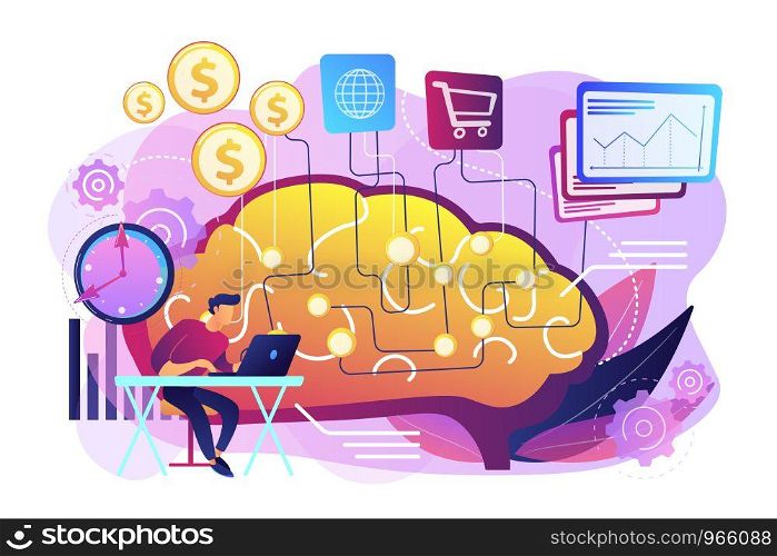 Software based assistant. Program for budget management. Artificial intelligence in financing, robo finance advisor, AI hedge funds concept. Bright vibrant violet vector isolated illustration. Artificial intelligence in financing concept vector illustration