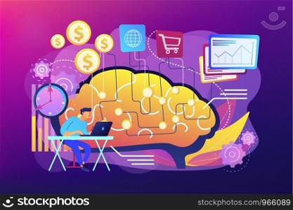 Software based assistant. Program for budget management. Artificial intelligence in financing, robo finance advisor, AI hedge funds concept. Bright vibrant violet vector isolated illustration. Artificial intelligence in financing concept vector illustration