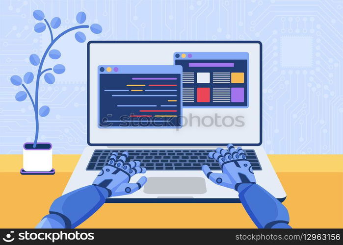 Software code automation development using AI, machine learning, tech service and chat. Robot coding and sitting at laptop, hands of bot working with program windows cartoon vector illustration. Software code automation development using AI, machine learning, robot coding at laptop