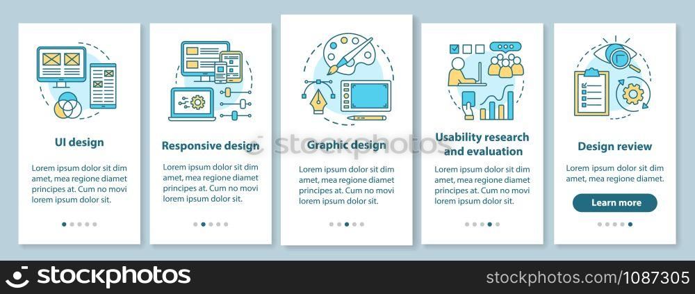 Software creative interface development onboarding mobile app page screen with linear concepts. UI graphic design walkthrough instructions. UX, UI, GUI vector template with illustrations