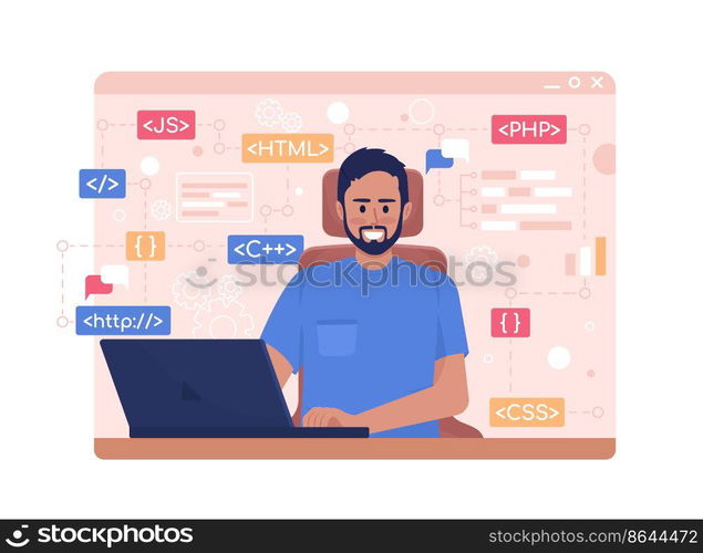 Software developer 2D vector isolated illustration. Computer programmer flat character on cartoon background. Learning coding. Colourful editable scene for mobile, website, presentation. Software developer 2D vector isolated illustration