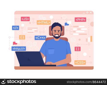 Software developer 2D vector isolated illustration. Computer programmer flat character on cartoon background. Learning coding. Colourful editable scene for mobile, website, presentation. Software developer 2D vector isolated illustration
