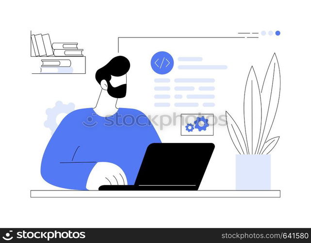 Software developer abstract concept vector illustration. Smiling software developer working with laptop from home, IT business, remote job, self-employed digital nomad abstract metaphor.. Software developer abstract concept vector illustration.