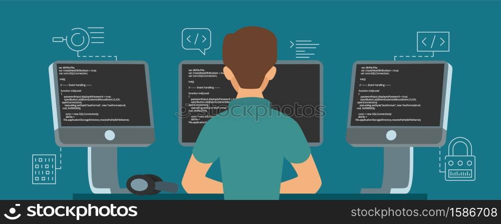 Software developer character. Vector programmer develops code illustration. Programmer programming soft and write script. Software developer character. Vector programmer develops code illustration