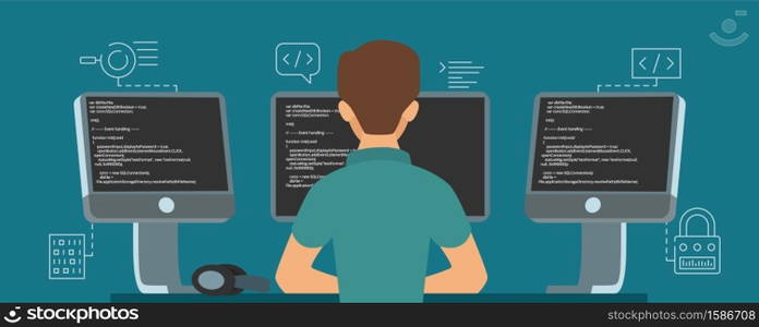 Software developer character. Vector programmer develops code illustration. Programmer programming soft and write script. Software developer character. Vector programmer develops code illustration