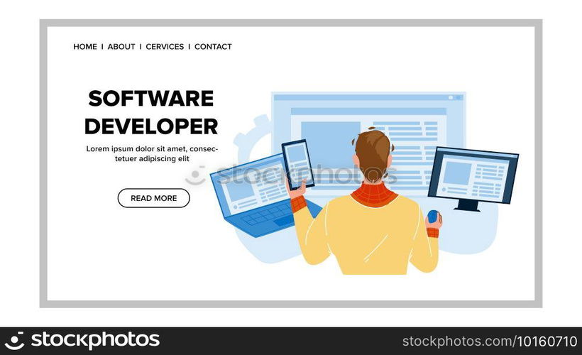 Software Developer Coding Digital Program Vector. Young Man Software Developer Working On Laptop And Smartphone, It Development. Character Programmer Freelancer Web Flat Cartoon Illustration. Software Developer Coding Digital Program Vector